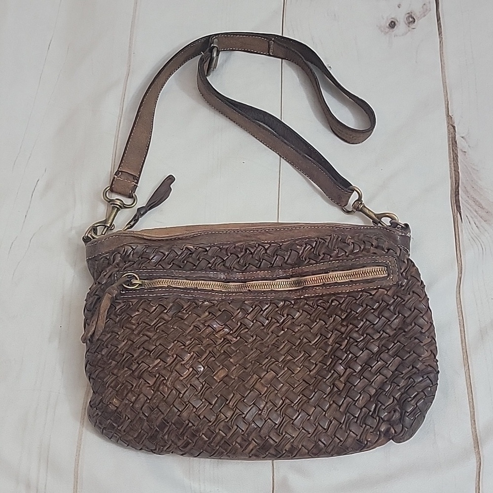 Langellotti Brown Woven Italian Leather Crossbody Shoulder Bag Made Italy